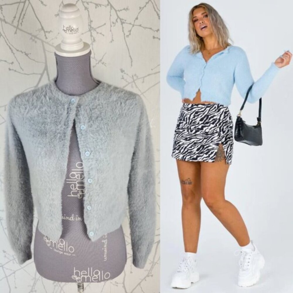 Princess Polly Baby Blue Fuzzy Button Front Cropped Cardigan